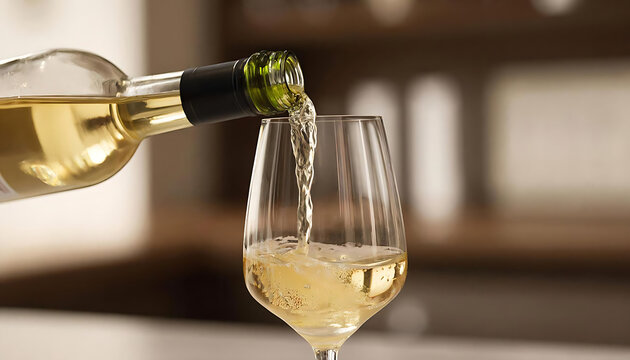A close-up of white wine being poured from a bottle into a glass.White Wine Pouring into Glass. Elegant Wine Pour Close-Up. Fresh White Wine Stream.