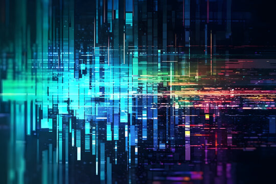 Abstract digital grid with neon lights and data flow