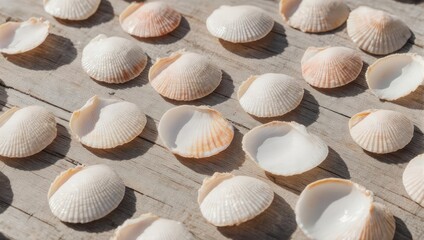 Collection of sunlit white seashells on a rustic wooden background.