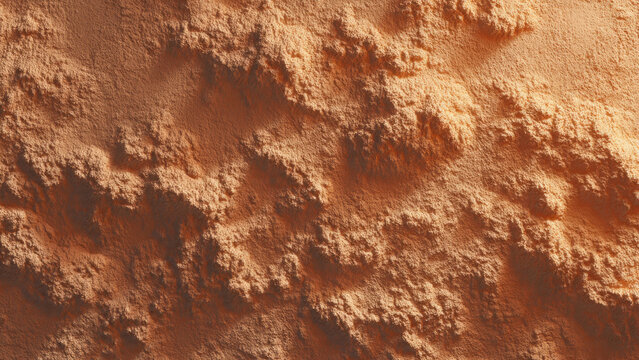 A close-up, high-resolution view of textured sand dunes or rough, granular desert terrain, showcasing intricate patterns, shadows, and earthy tones.