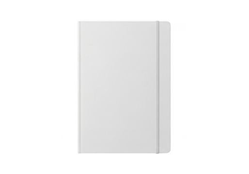 Plain white closed notebook with elastic band closure standing upright, isolated on transparent background