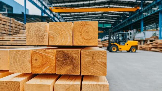 The image depicts a close up of neatly stacked wooden beams in a spacious woodworking warehouse, with a bright yellow forklift and industrial cranes in the background