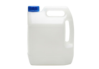 White plastic jerry can with blue screw cap isolated on transparent background for chemical or liquid storage and transport