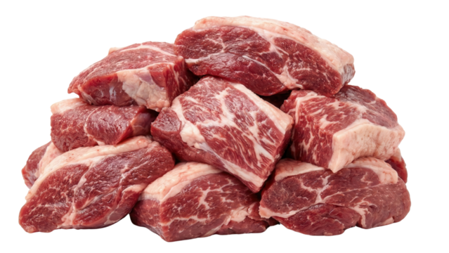 Raw Beef Cuts Displayed: An appetizing display of raw, fresh beef cuts, showcasing the rich textures and inviting colors of prime meat, ideal for culinary creations.