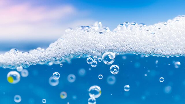 Foamy suds and bubbles swirling in vibrant blue water on a sunny backdrop. Close up shot capturing the effervescent quality of the fizzy liquid texture