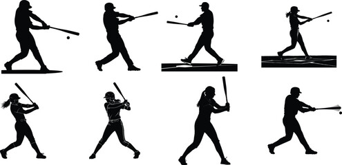 Baseball player silhouettes in various batting stances and swing motions