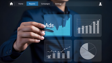 Businessman analyzing advertising data on a digital interface with graphs and charts