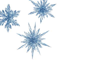 Intricate, hyper-detailed pastel blue crystalline snowflakes in a gentle cascade, macro shot with shallow dof against a transparent background with vast copy space, sophisticated winter holiday banner