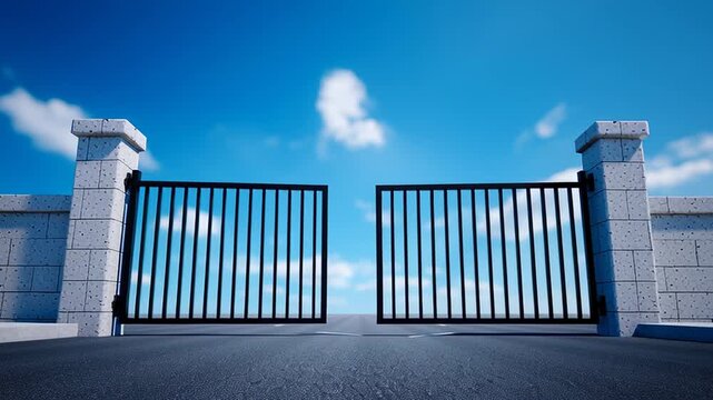 Ornate wrought iron gates in a weathered stone wall swing open to a paved road beneath a clear blue sky, symbolizing freedom, new beginnings and an open future