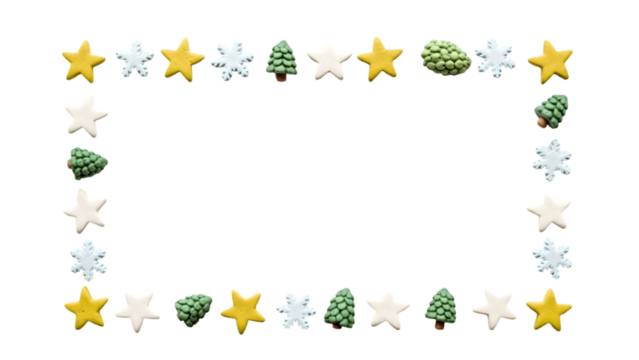 A simple clay-style frame made of tiny clay stars, clay trees, and clay snowflakes arranged in a clean minimal border on a white background