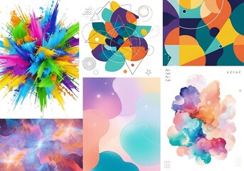 Vibrant abstract art collage with colorful splashes and geometric shapes