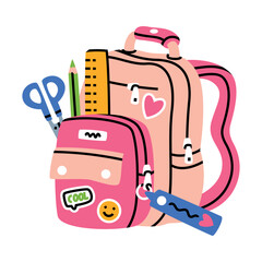 School Backpack with Stationery and Supplies Vector Illustration