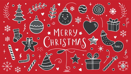 Hand drawn chalk Merry Christmas doodle set on red.