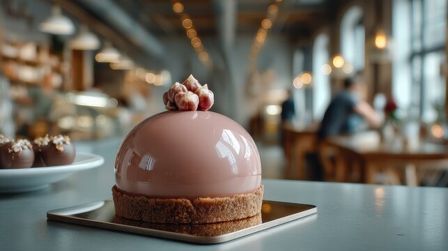 glossy brownie orb on reflective surface with digital orbit in caf&eacute; haze