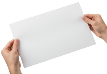 Two hands holding a blank white sheet of paper or document isolated on transparent background