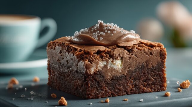 Cream brownie floats above slate with glowing node patterns and café mist
