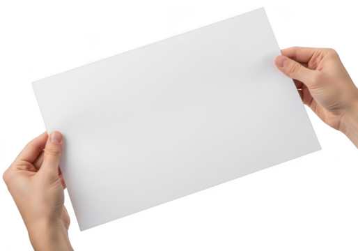 Two hands holding a blank white sheet of paper or document isolated on transparent background