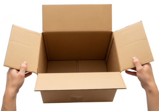 Two hands opening a brown cardboard shipping box with flaps wide open, isolated on transparent background