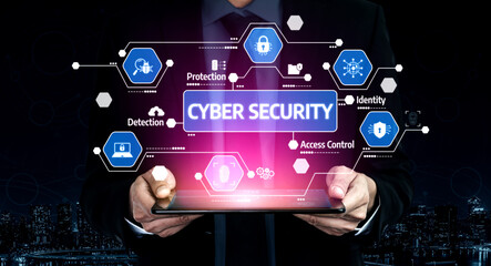 An individual holds a tablet showcasing cyber security concepts. The graphic illustrates themes of protection, identity, and access control in a digital landscape. Tessel
