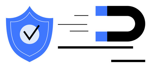 Blue shield with checkmark next to a black and blue magnet with motion lines. Ideal for security, data protection, trust, attraction, cybersecurity, reliability, marketing. Simple flat metaphor
