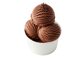 Three scoops of rich chocolate ice cream served in a small white cup, isolated on transparent background