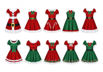Collection of ten different cute christmas holiday dresses for girl child in red and green color isolated on transparent background