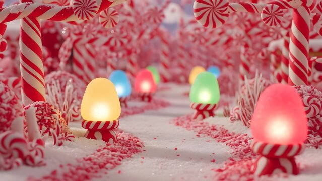 Whimsical candy land christmas scene with lights and snow - Powered by Adobe
