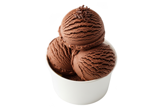 Three scoops of rich chocolate ice cream served in a small white cup, isolated on transparent background