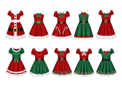 Collection of ten different cute christmas holiday dresses for girl child in red and green color isolated on transparent background