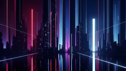 Abstract neon light trails in dark futuristic cityscape