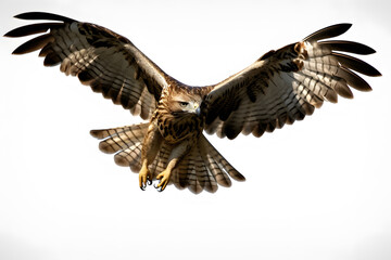 Majestic bird of prey soaring with wings spread wide against a white background