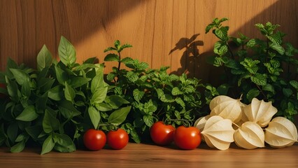 Fresh herbs tomatoes and garlic on wooden background