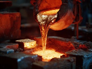 Molten metal pouring from furnace into mold at foundry during industrial casting process