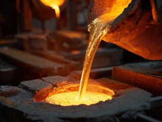 Golden metal being poured into molds at a foundry during a busy workday in the evening light