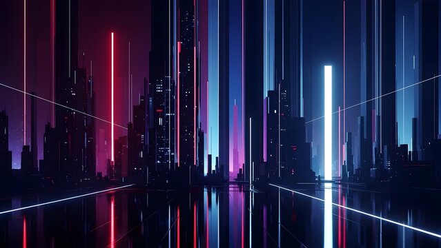 Abstract neon light trails in dark futuristic cityscape