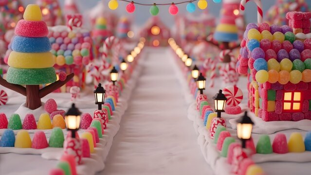 Whimsical candy land landscape with colorful treats and lights