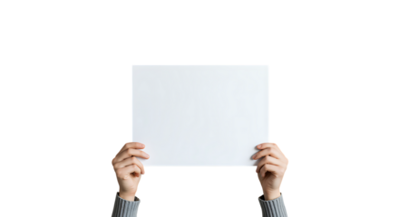 Hands holding a blank white paper sheet isolated on transparent background.