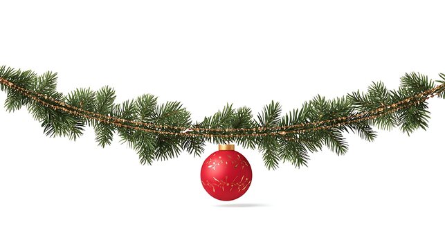 Christmas tree garland with red bauble isolated on white background