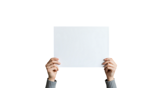 Hands holding a blank white paper sheet isolated on transparent background.