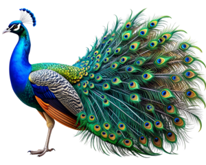 A peacock illustrated at a three-quarter angle, tail partially fanned in a dynamic se