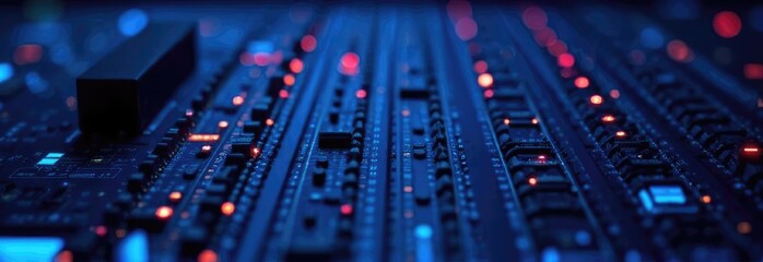 Server equipment with blue lighting in a technological environment. Abstract background with data storage devices for IT marketing and advertising