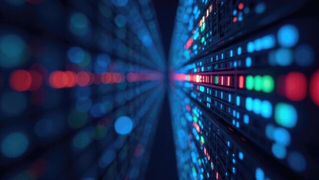 Abstract digital data stream with glowing blue, red and green lights. Concept of information transfer and technological progress for IT presentations