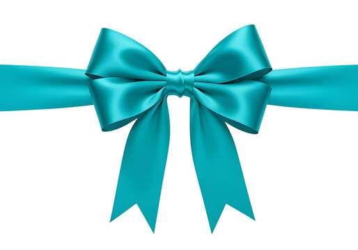 A vibrant teal satin ribbon bow with flowing ends on transparent background.