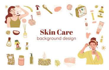 Template design for skin care treatment, beauty routine  products, cosmetics. Vector hand drawn illustrations concept for website, landing page.
