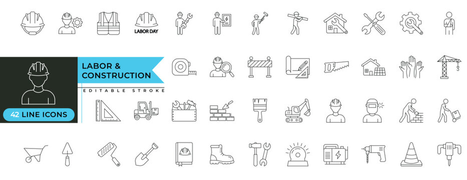 Labor and construction line icon set featuring workers, tools, machinery, safety equipment, engineering symbols, building materials and industrial elements for professional design use