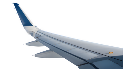 Airplane wing and tail fin in flight isolated on transparent background