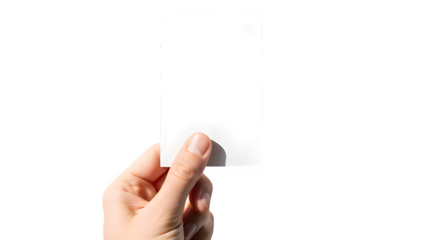 Hand holding a blank white card upright isolated on transparent background