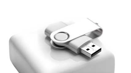 White usb flash drive attached to a power adapter isolated on transparent background