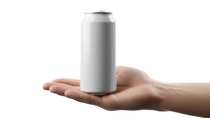 Tall white aluminum can held in hand isolated on transparent background