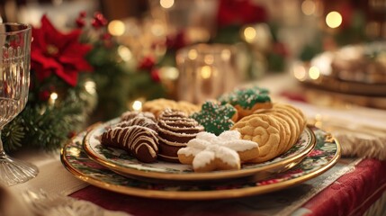 holiday table with Christmas cookies and festive decorations